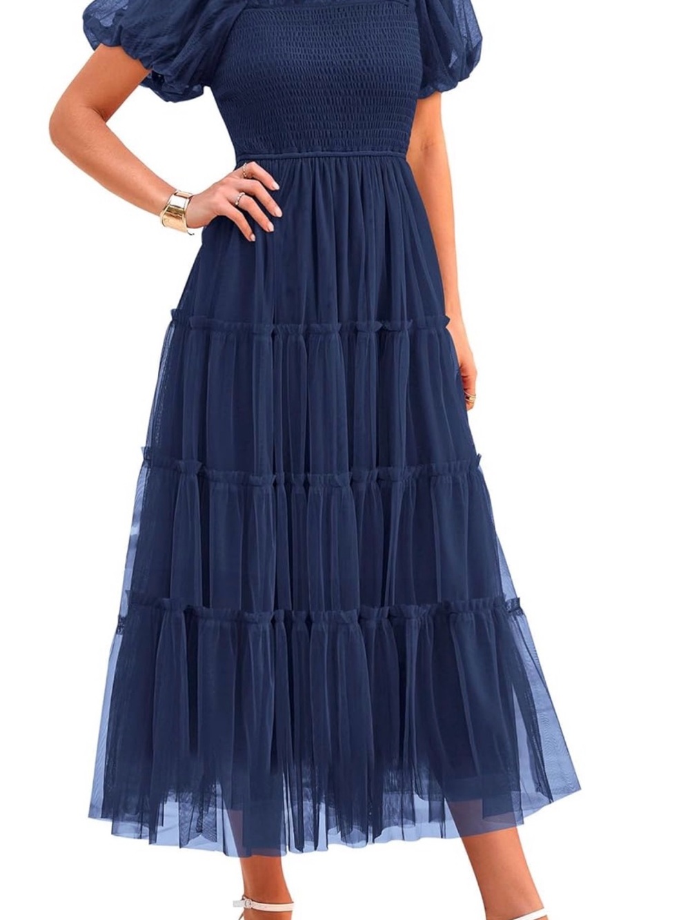 PRETTYGARDEN Navy Blue Tulle Smocked Puff Sleeve Tiered Maxi Dress NWT